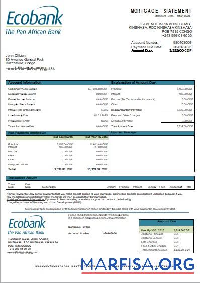 Blank Congo Ecobank bank mortgage statement scr real example